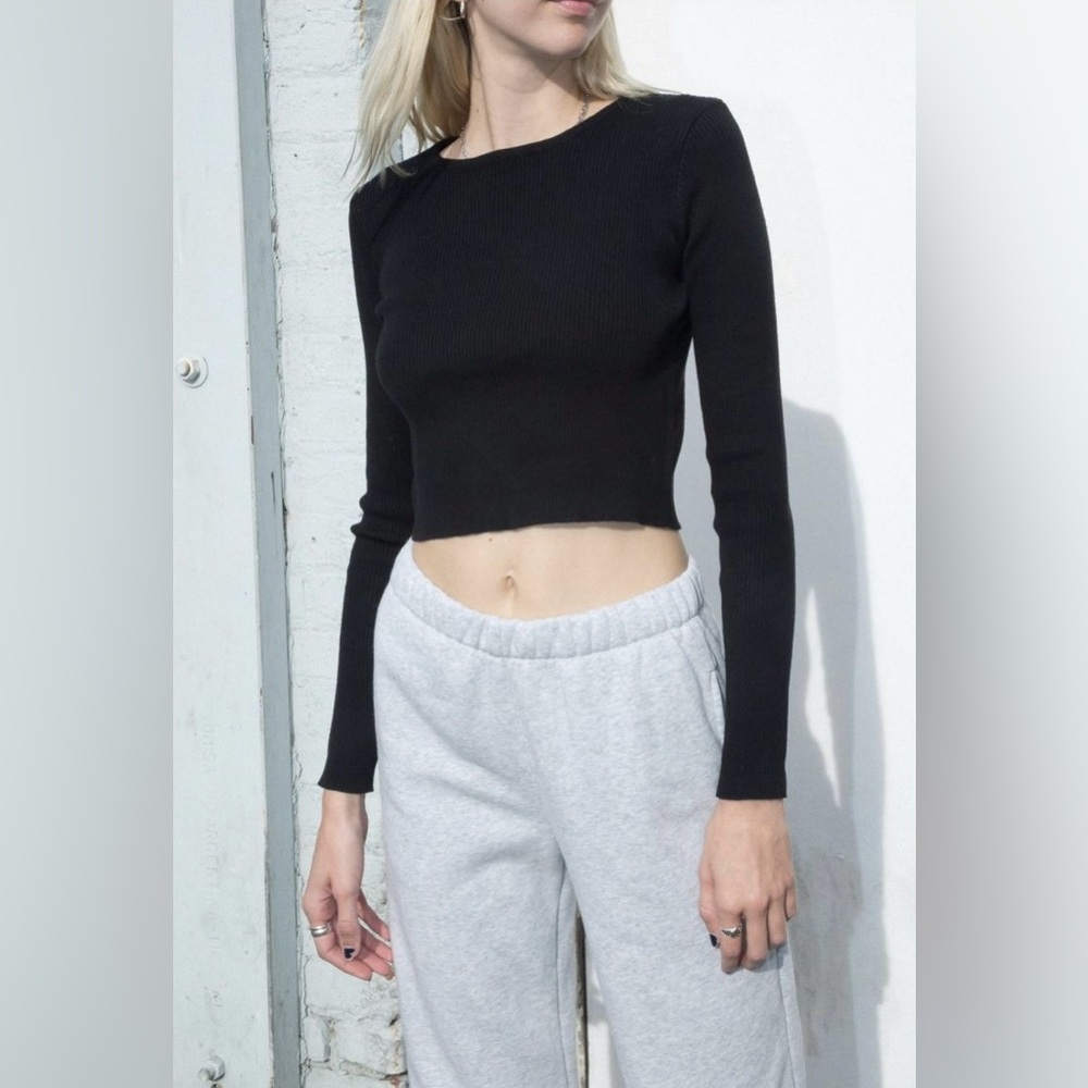 BRANDY MELVILLE - Ribbed Knit Black Longsleeve Crop Top
